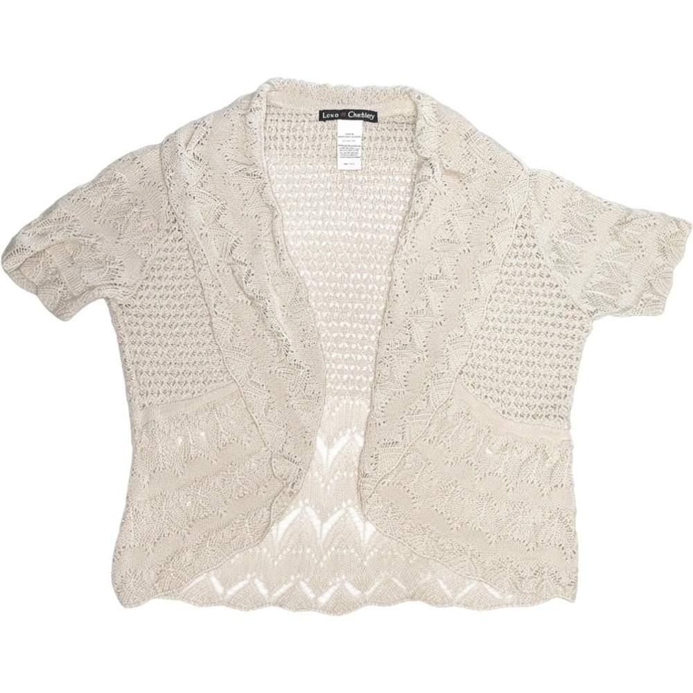 Love Chesley Women's Beige Crochet Knit Short Sleeve Open Front Cardigan M